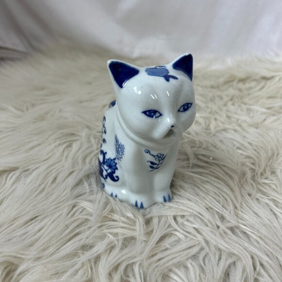 Style Eyes Baum Bros. Ceramic Cat Creamer Vintage Blue White Pottery - Picture 1 of 6